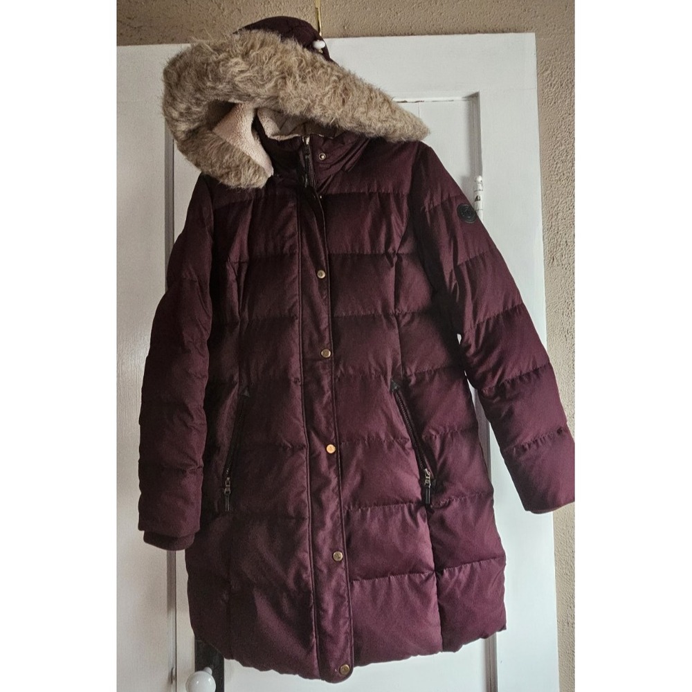Lauren Ralph Lauren red faux fur trim hooded quilted down puffer coat full zip L